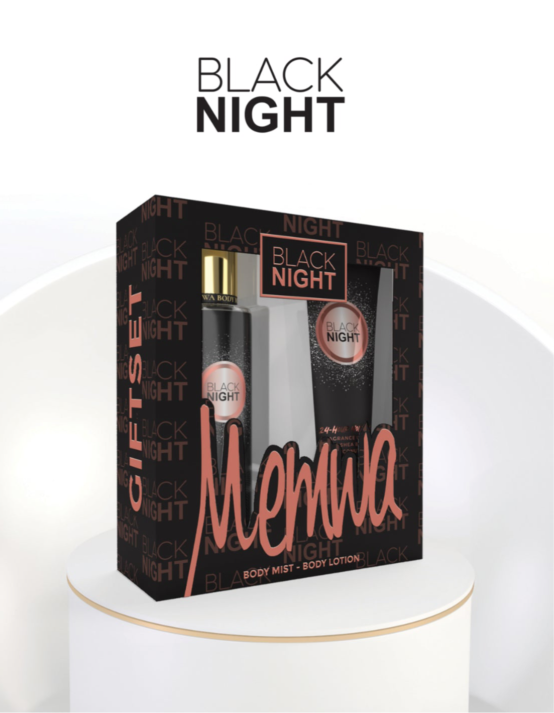 Gulf Orchid - Gift Set - Memwa Black Night (236 ML body lotion & 250 ML Body Mist) Floral, Edible, Toffee