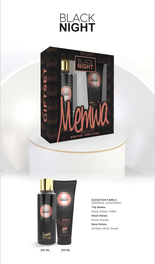 Gulf Orchid - Gift Set - Memwa Black Night (236 ML body lotion & 250 ML Body Mist) Floral, Edible, Toffee