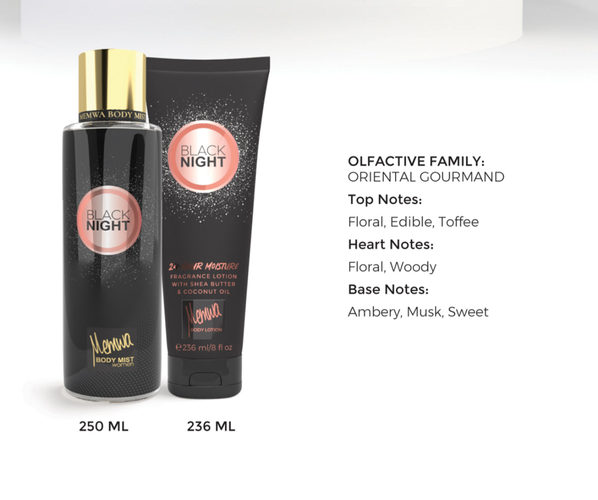 Gulf Orchid - Gift Set - Memwa Black Night (236 ML body lotion & 250 ML Body Mist) Floral, Edible, Toffee